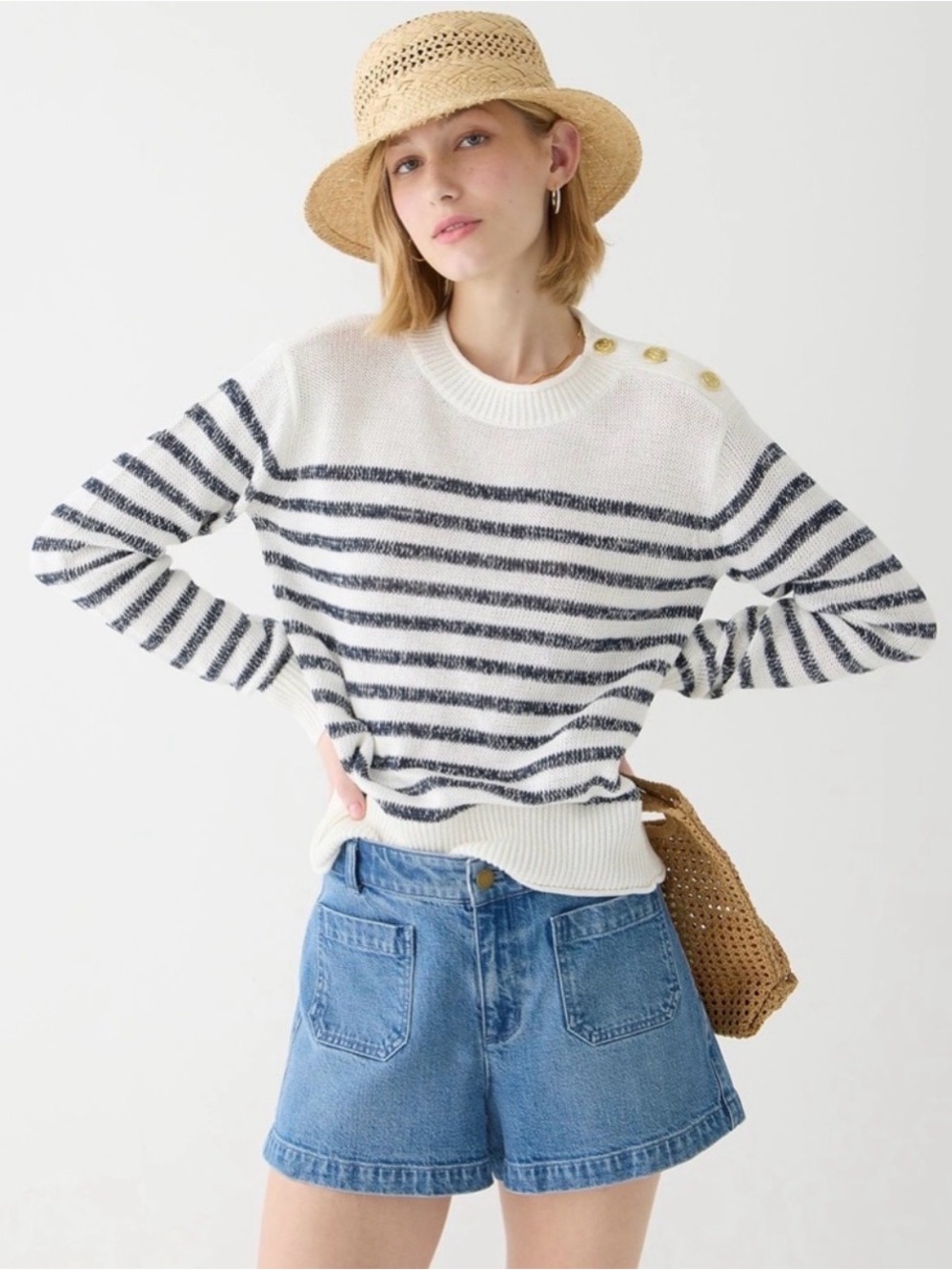 J. Crew White Crewneck Nautical Beach Sweater w/ Navy Stripes & Gold Buttons